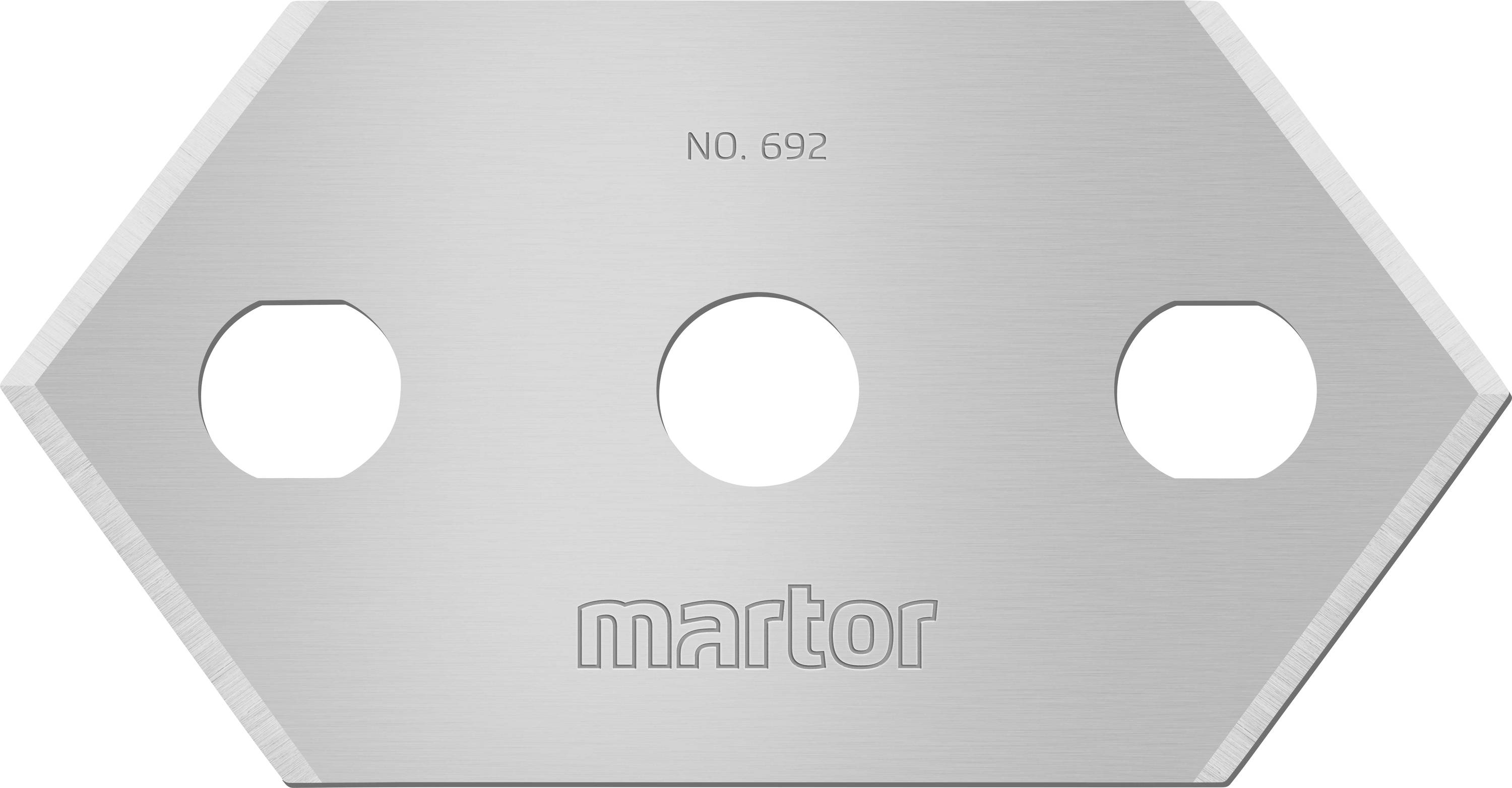 Een zeshoekig reservemesje nr. 692 van Martor met drie ronde openingen.