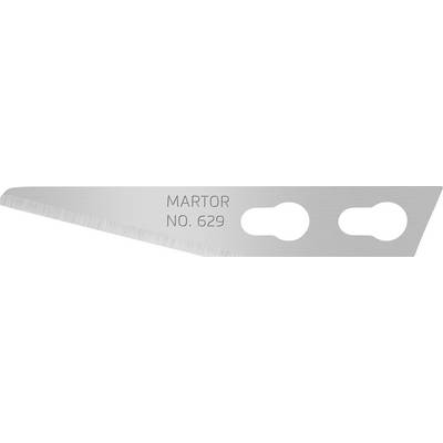 Metalen lemmet met de opdruk 'MARTOR NO. 629', toont twee ovale gaten en een schuine snijkant.