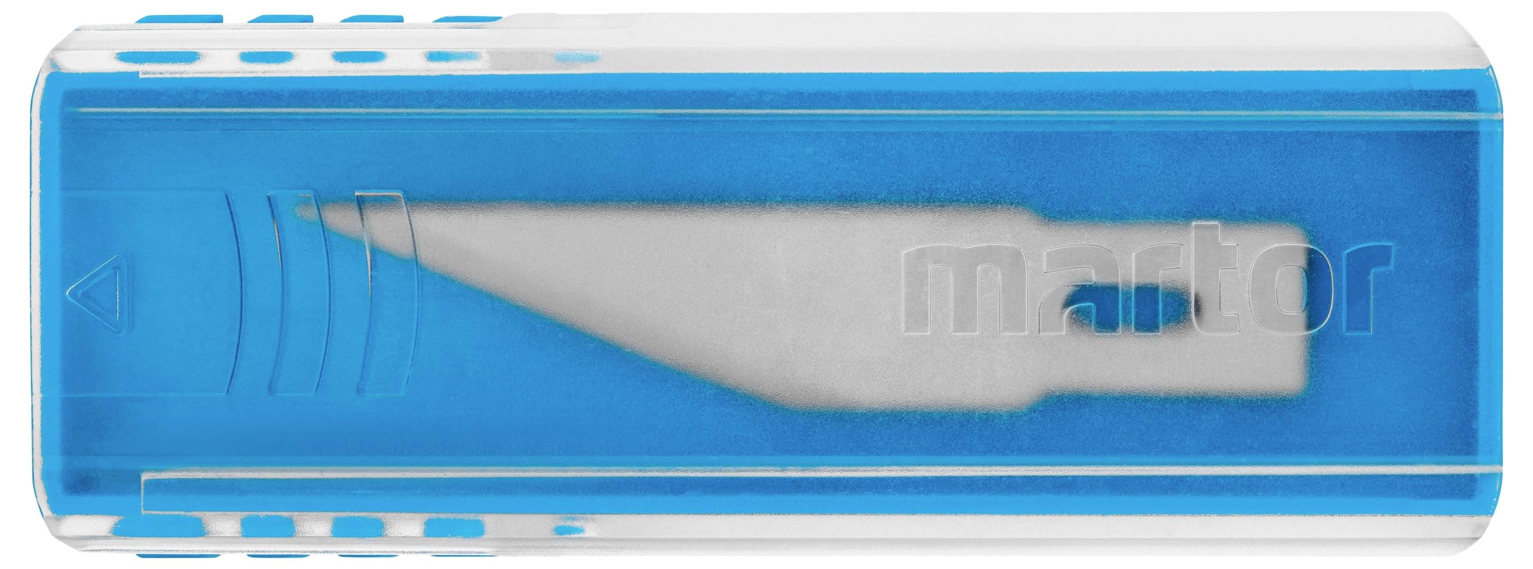 Een reservemes in een blauwe kunststof doos, zichtbaar door een transparante afdekking, voor veilige opslag en gemakkelijke uitname.