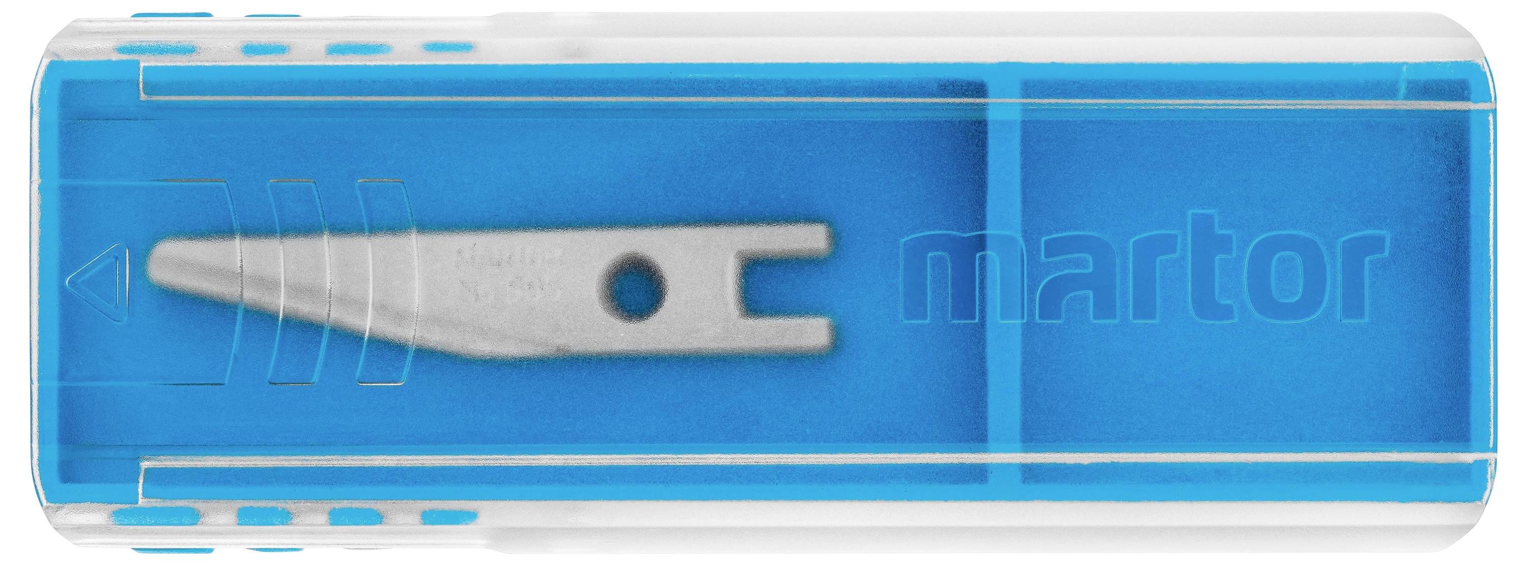 Een blauwe Martor-mesjesautomaat met een zichtbare reservemes in het midden, omgeven door een transparente behuizing.