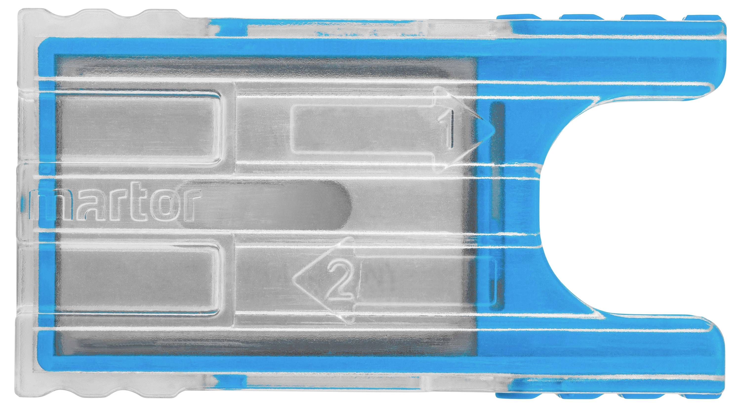 Een blauwe veiligheidsmes-houder met twee openingen, gemarkeerd met '1' en '2' voor messen in een transparente behuizing.