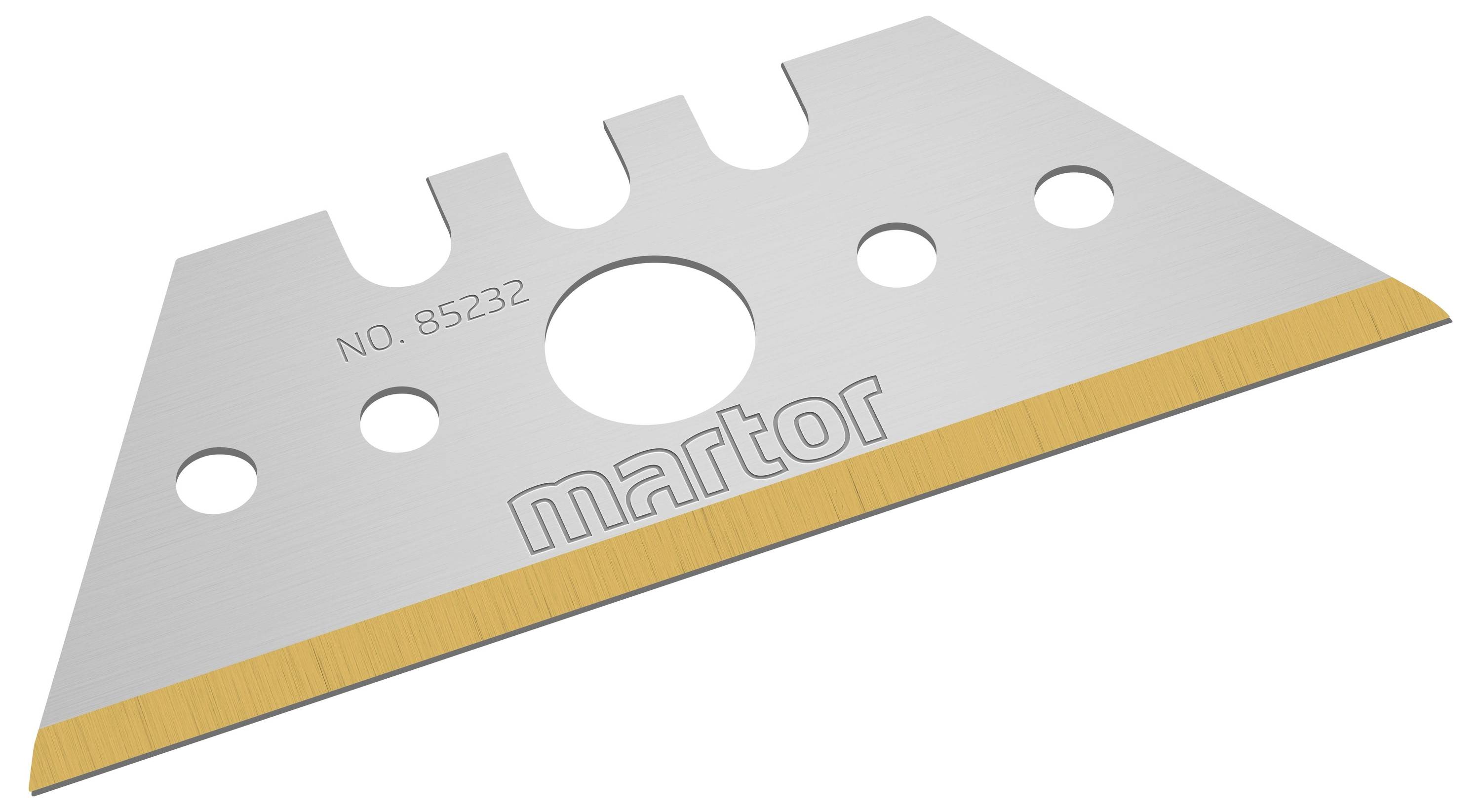 Lemmet met het opschrift 'Martor', modelnummer 85232. Het is gemaakt van metaal met getande uitsparingen bovenaan en een scherpe rand onderaan.