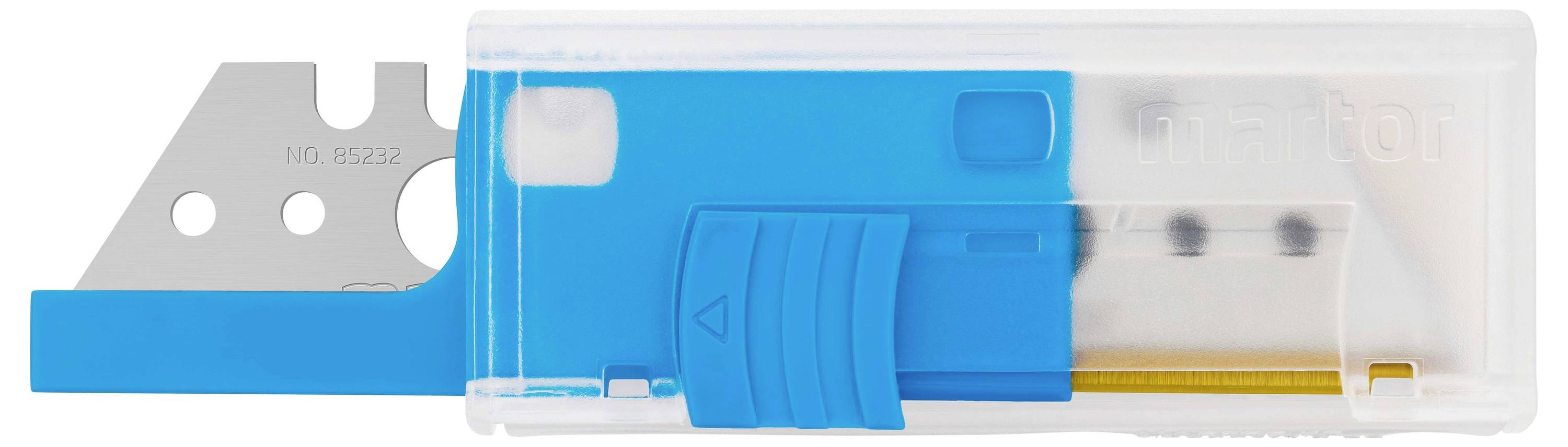 Een blauw-wit kunststof behuizing die een zilveren reservemes voor een snijgereedschap bevat. De behuizing heeft een schuifmechanisme om het mes uit te nemen.