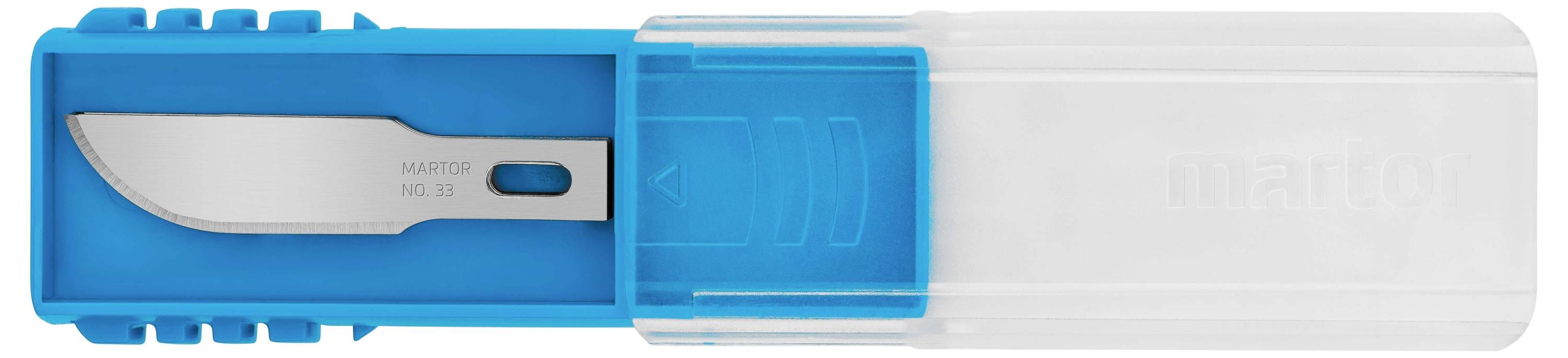 Een blauwe container met een chirurgisch mes van het type 'MARCO MG-11', gedeeltelijk omhuld door een transparante afdekking.