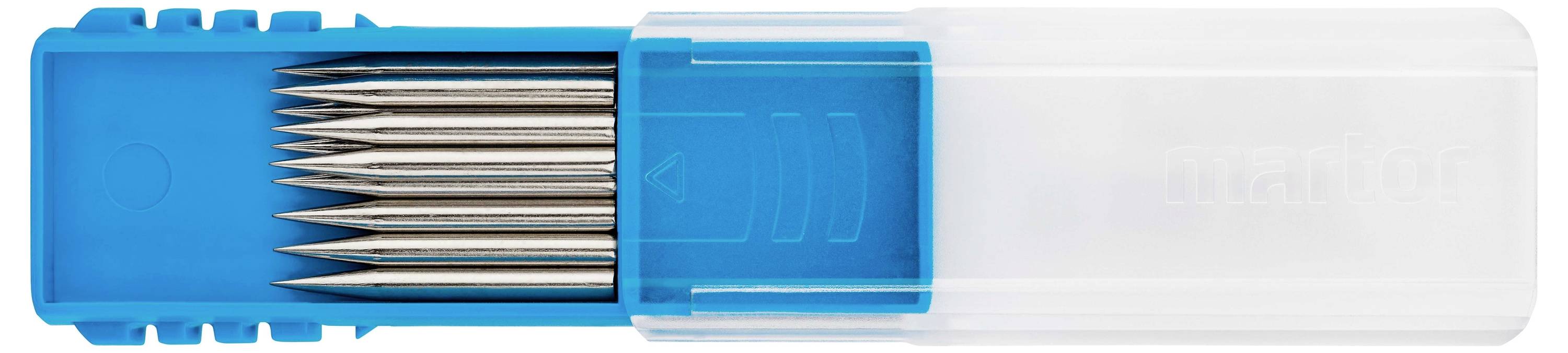 Blauwe plastic doos met verschillende zilveren, puntige potloodstiften, deels zichtbaar door een transparante deksel.