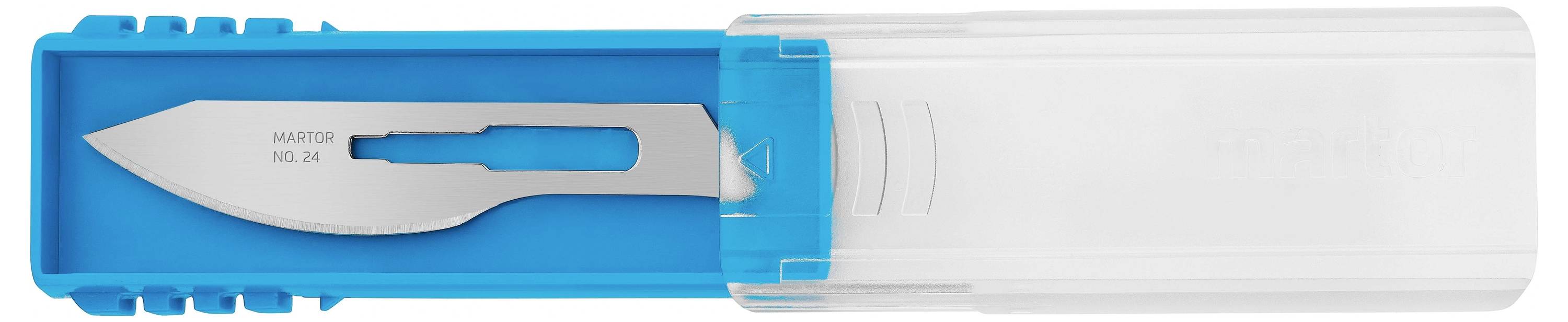 Een scalpel met een zilveren lemmet en een blauwe handgreep ligt in een transparante hoes.