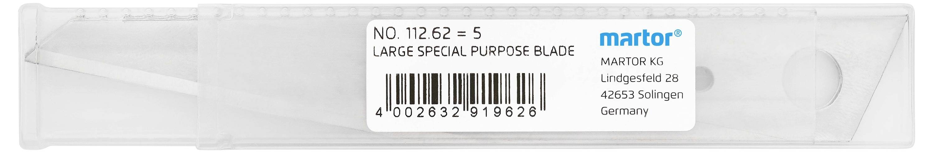Een verpakking met het opschrift: 'LARGE SPECIAL PURPOSE BLADE', bevat speciale messen van het merk Martor. Vervaardigd in Solingen, Duitsland.