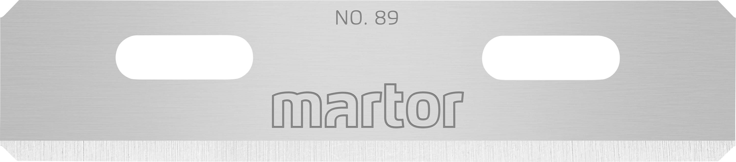 Lemmet van het merk 'martor', modelnummer 89, met twee ovale gaten.