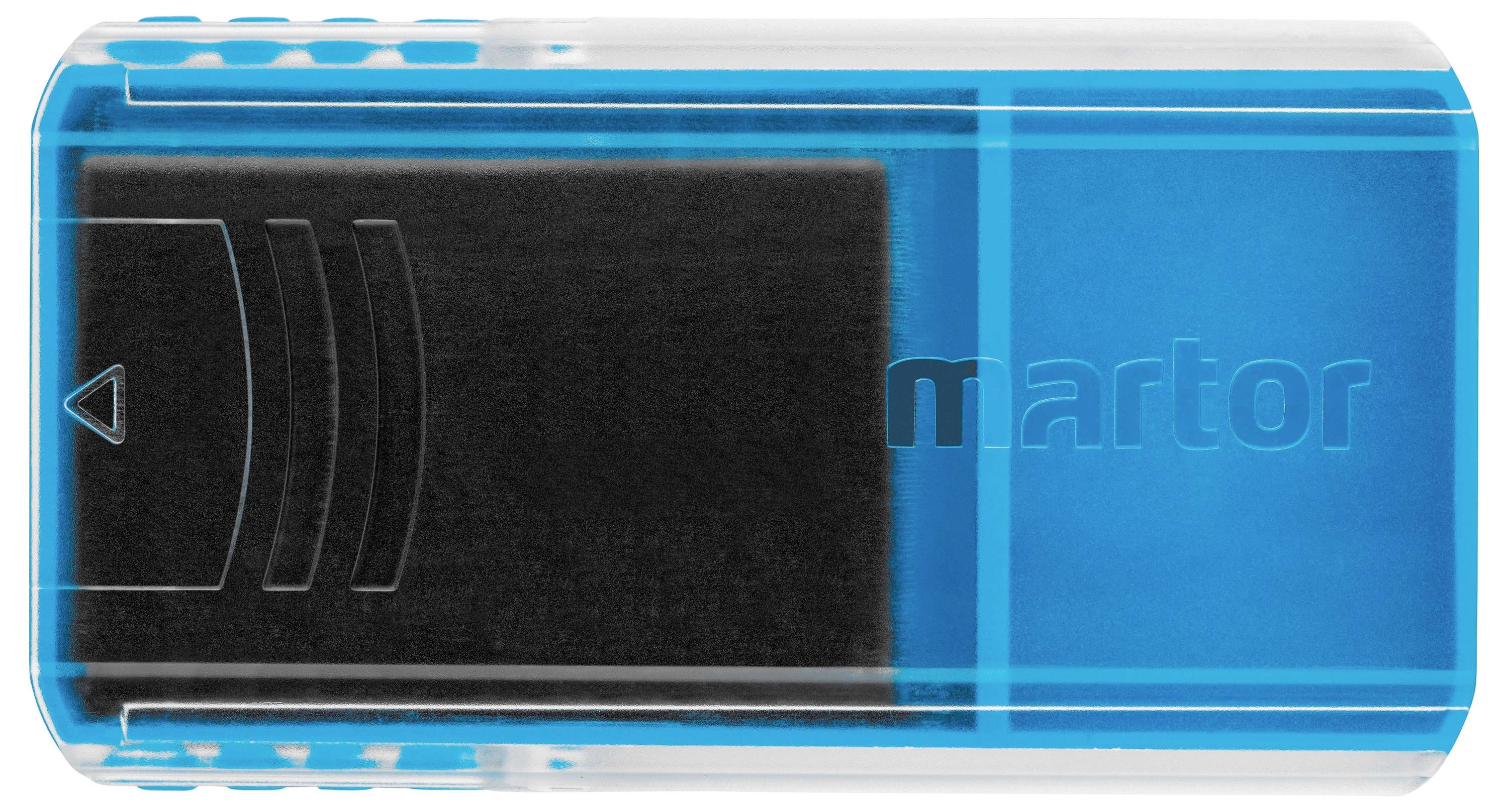 Een blauwe RFID-blocker met zwarte inzet, geschikt voor het beveiligen van creditcards tegen ongeautoriseerd uitlezen.