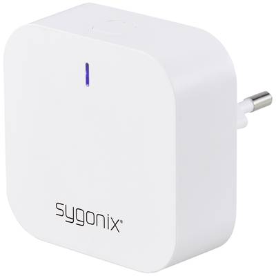 Een wit, vierkant Smart Home-apparaat met afgeronde hoeken en een blauwe LED-verlichting. Opschrift: 'sygonix'.