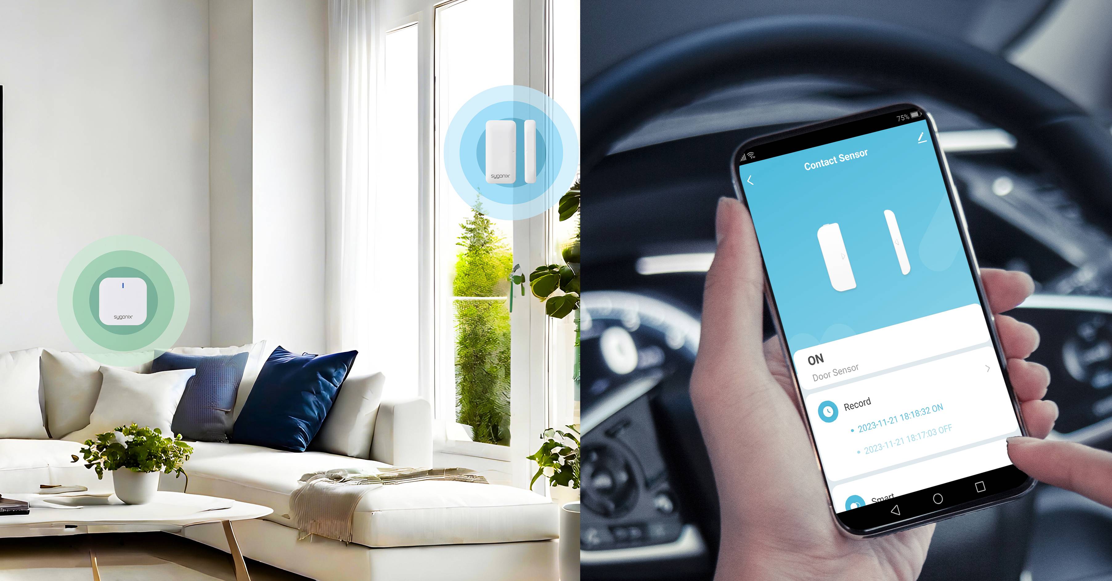 Een woonkamer met Smart Home-sensoren aan de muur en een hand die een smartphone vasthoudt in een auto, waarop de sensorbesturing wordt weergegeven.
