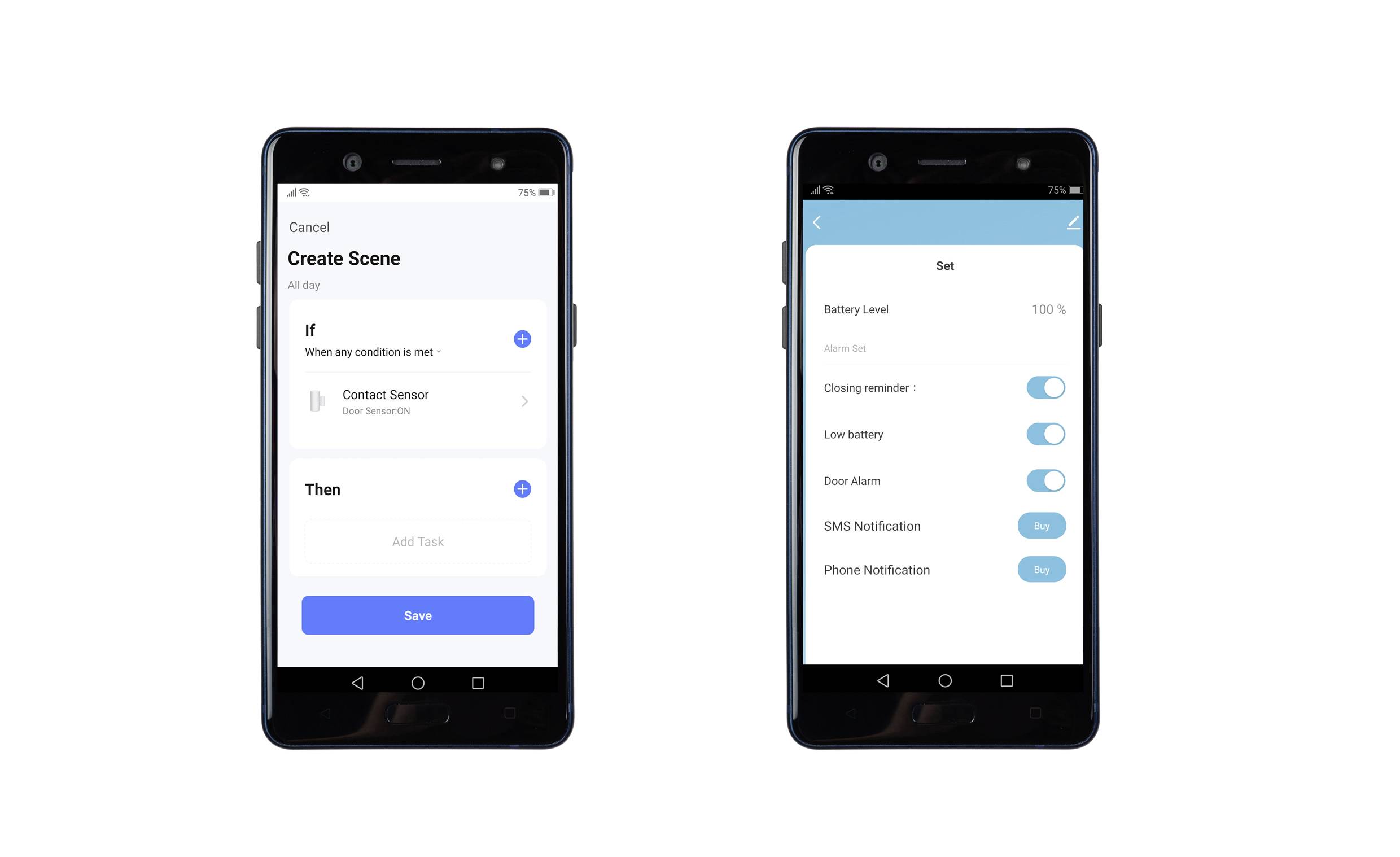 Twee smartphoneschermen: Links wordt 'Scène maken' getoond met instellingen voor contactsensor; rechts worden meldingsinstellingen weergegeven.