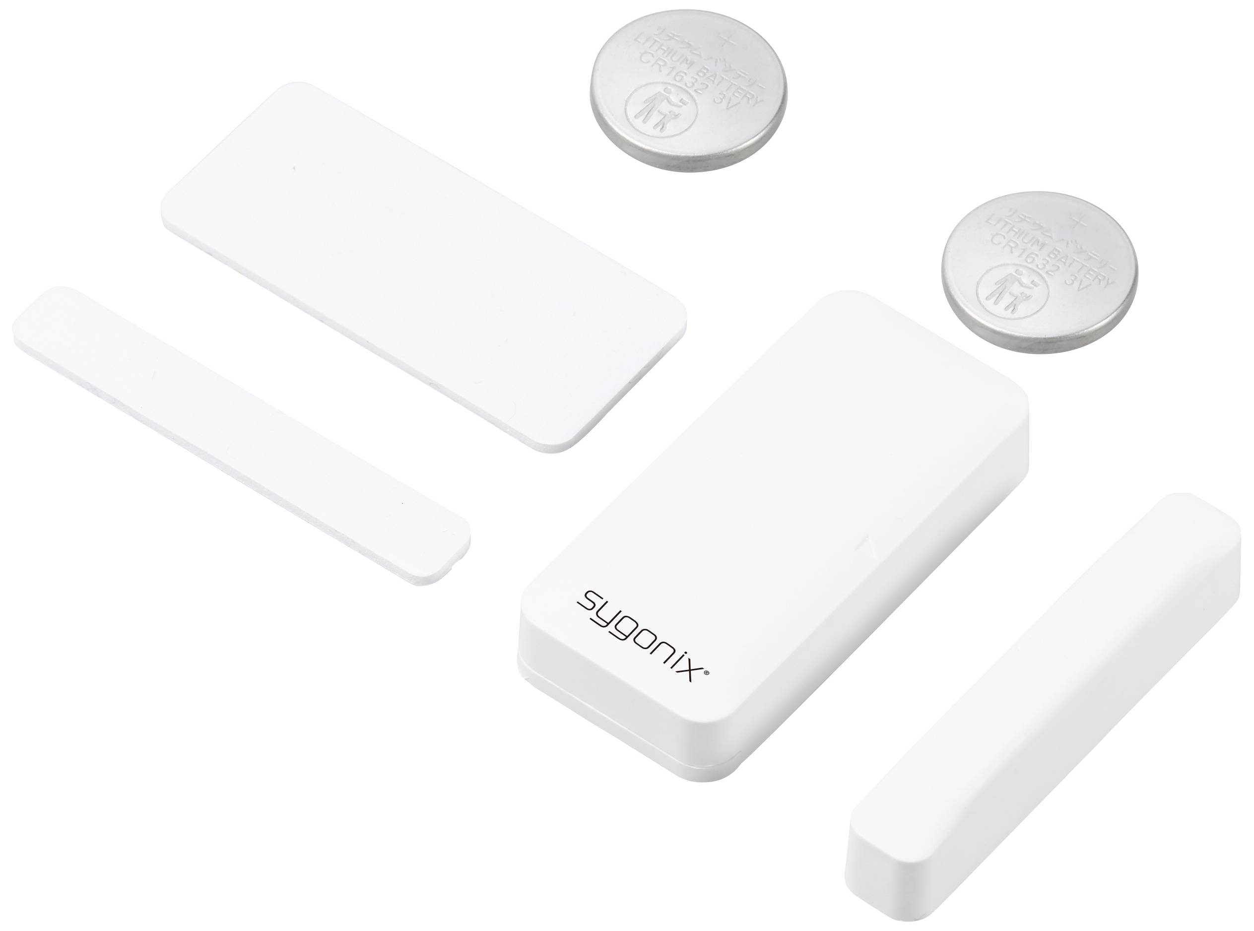 Deur- en raamsensor-set met twee ronde batterijen, drie witte kleefpads en een rechthoekige hoofdsensor.