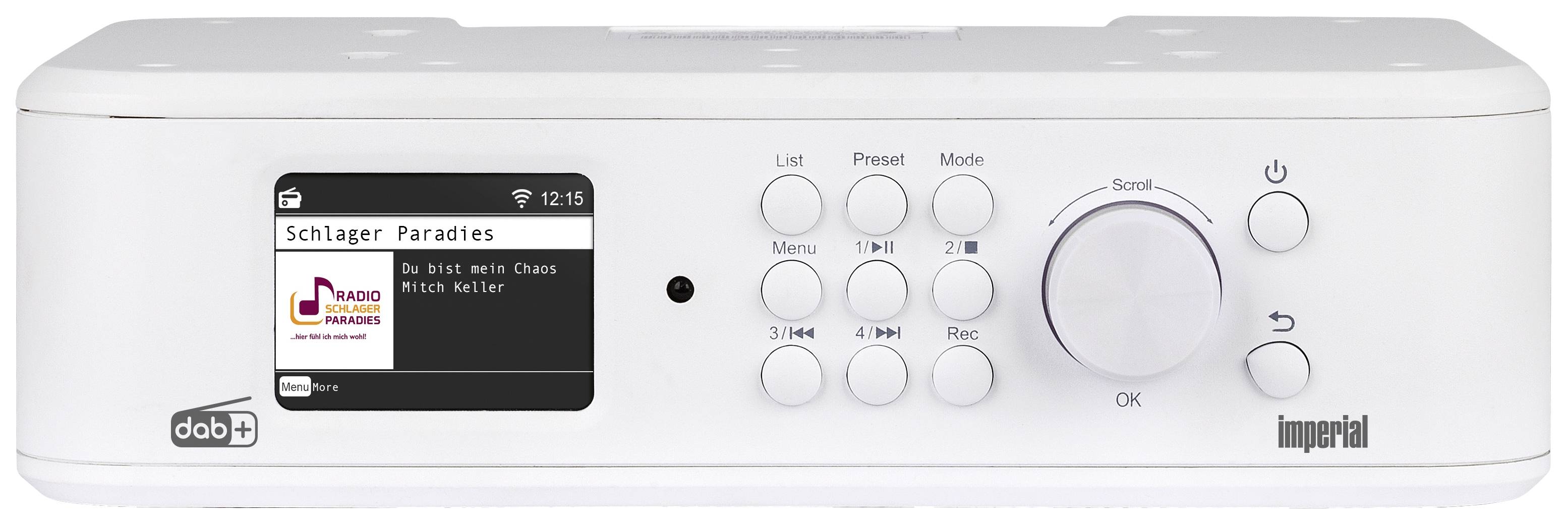 Een wit DAB+ radio van Imperial toont op een display de zender 'Schlager Paradies' met het nummer 'Du bist mein Chaos' van Alice Merton.