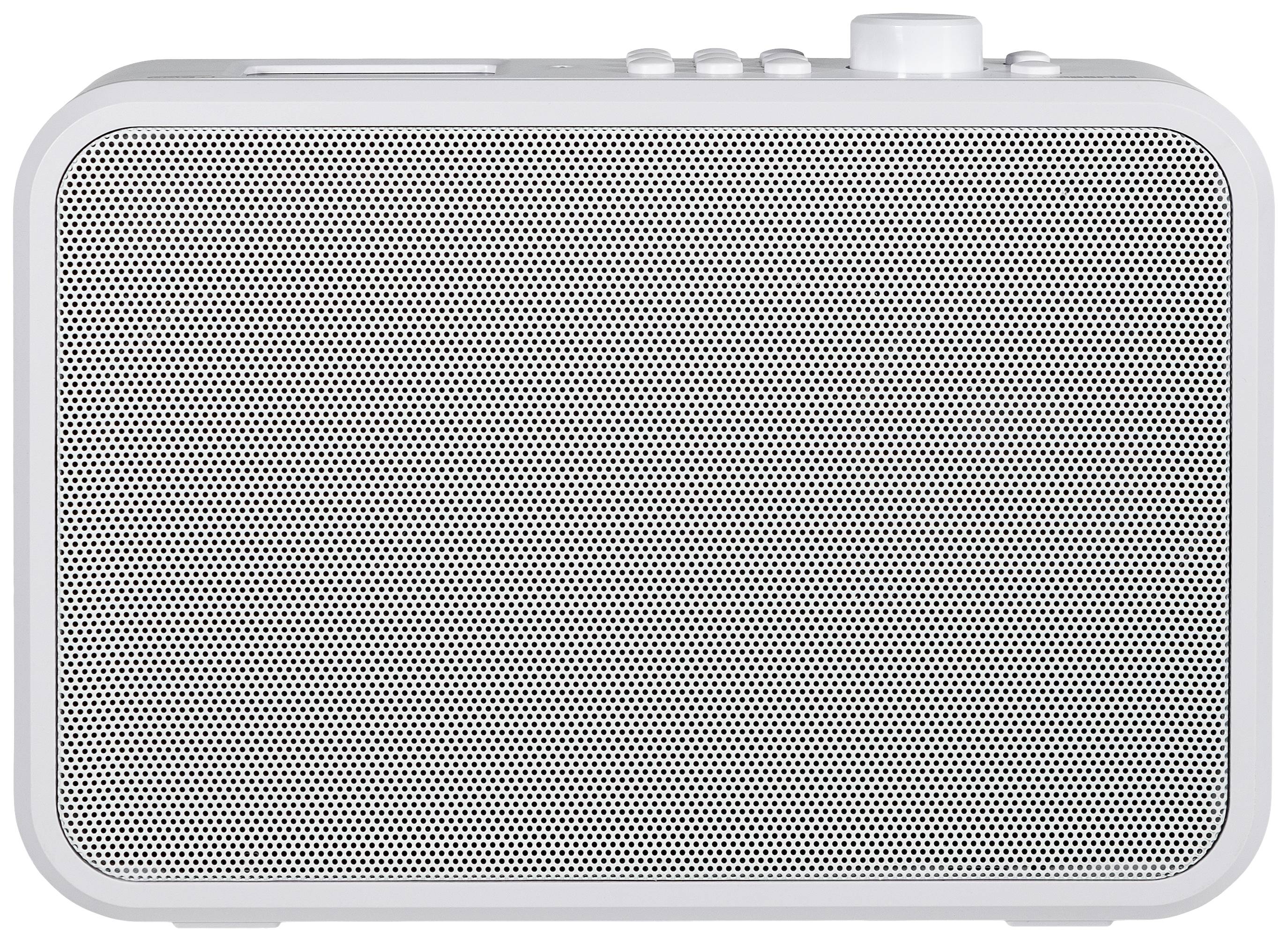 Een rechthoekige witte luidspreker met een rooster aan de voorkant en bedieningsknoppen bovenop.