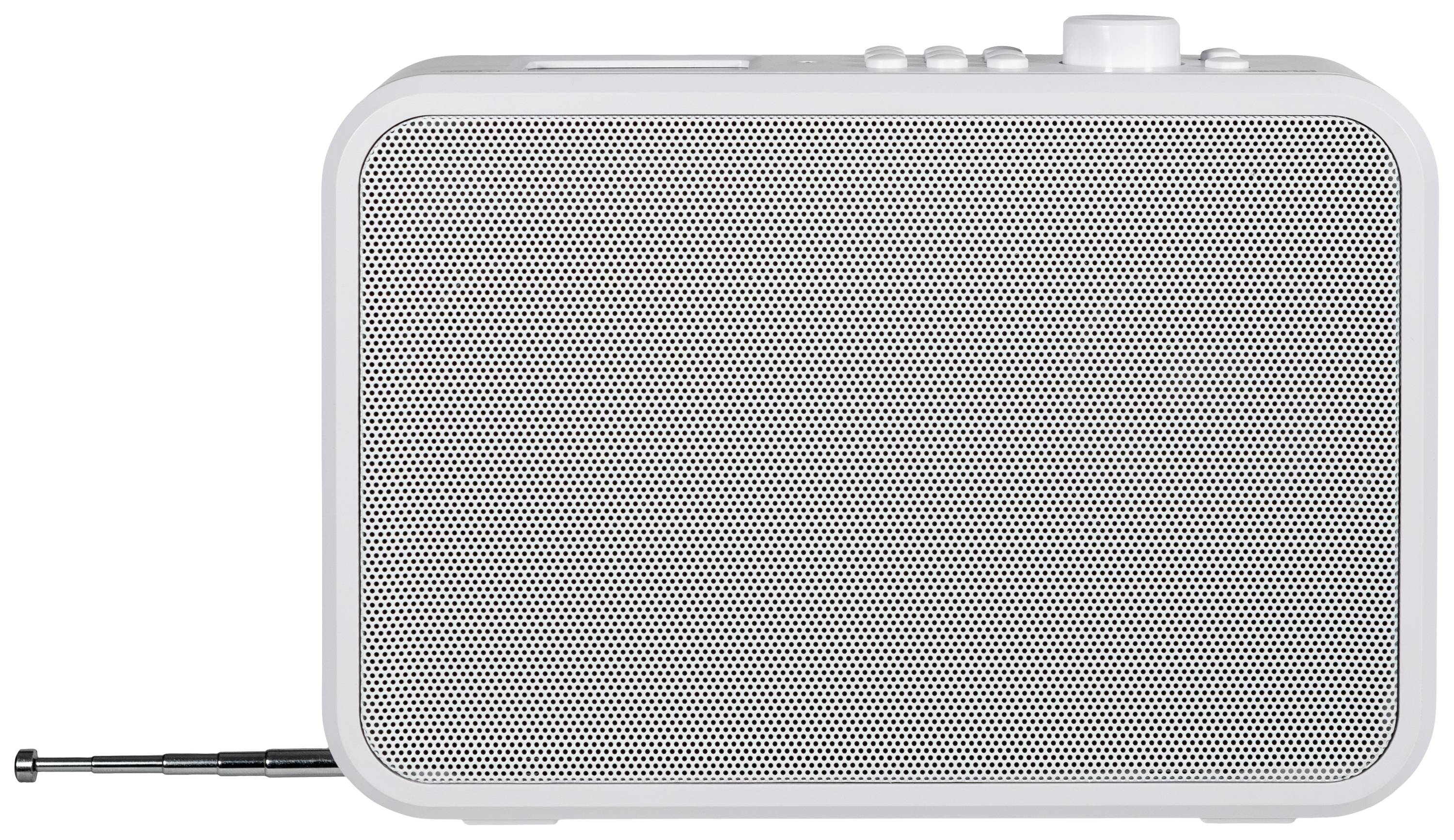 Een wit, draagbaar radio-apparaat met antenne en bedieningsknoppen bovenop, tegen een witte achtergrond.