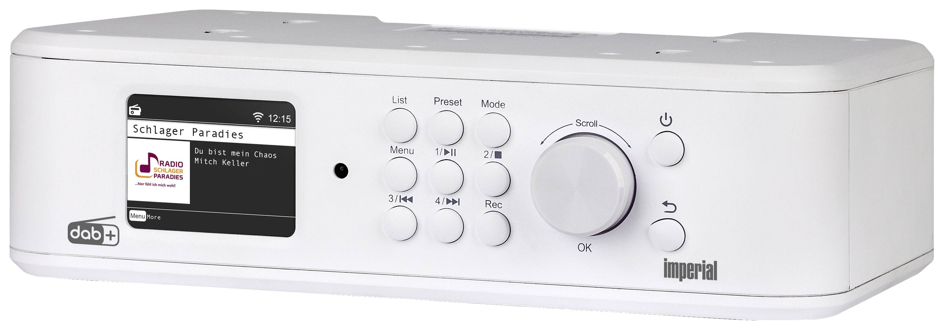 Wit DAB+ radio met display. Toont zender 'Schlager Paradies'. Knoppen voor voorkeurzenders, menu, zenderzoeken en volume.