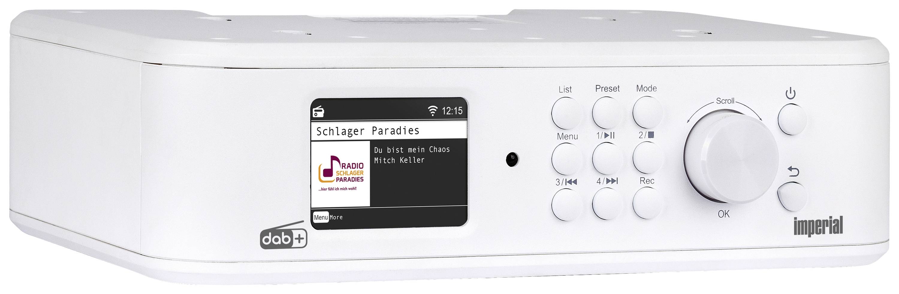 Radio met digitaal display, toont de zender 'Schlagerparadies'. Rechts bedieningsknoppen en een grote volumeregelaar.