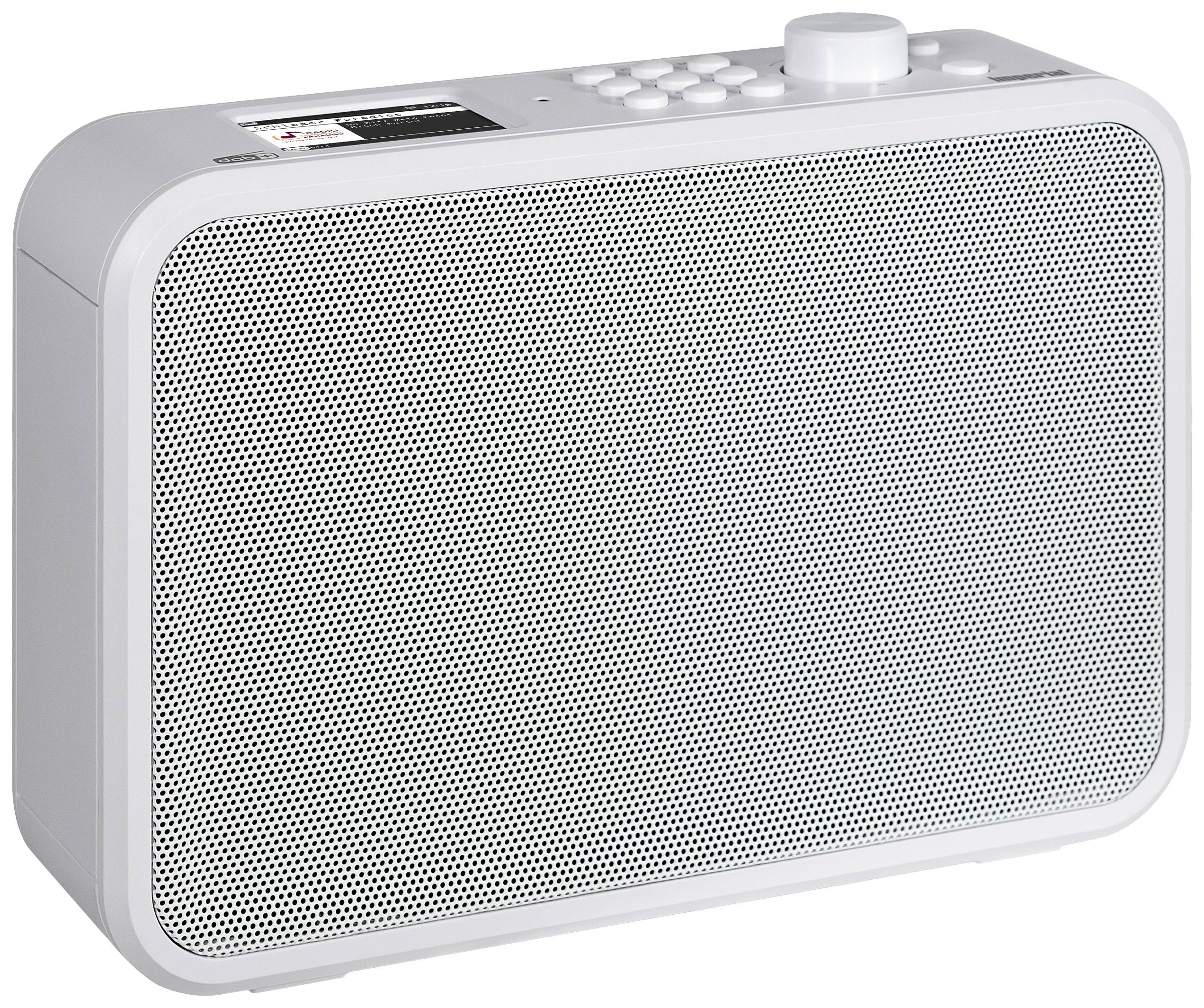 Een wit draagbaar radio met luidspreker, toetsenbediening en een klein display aan de bovenkant.