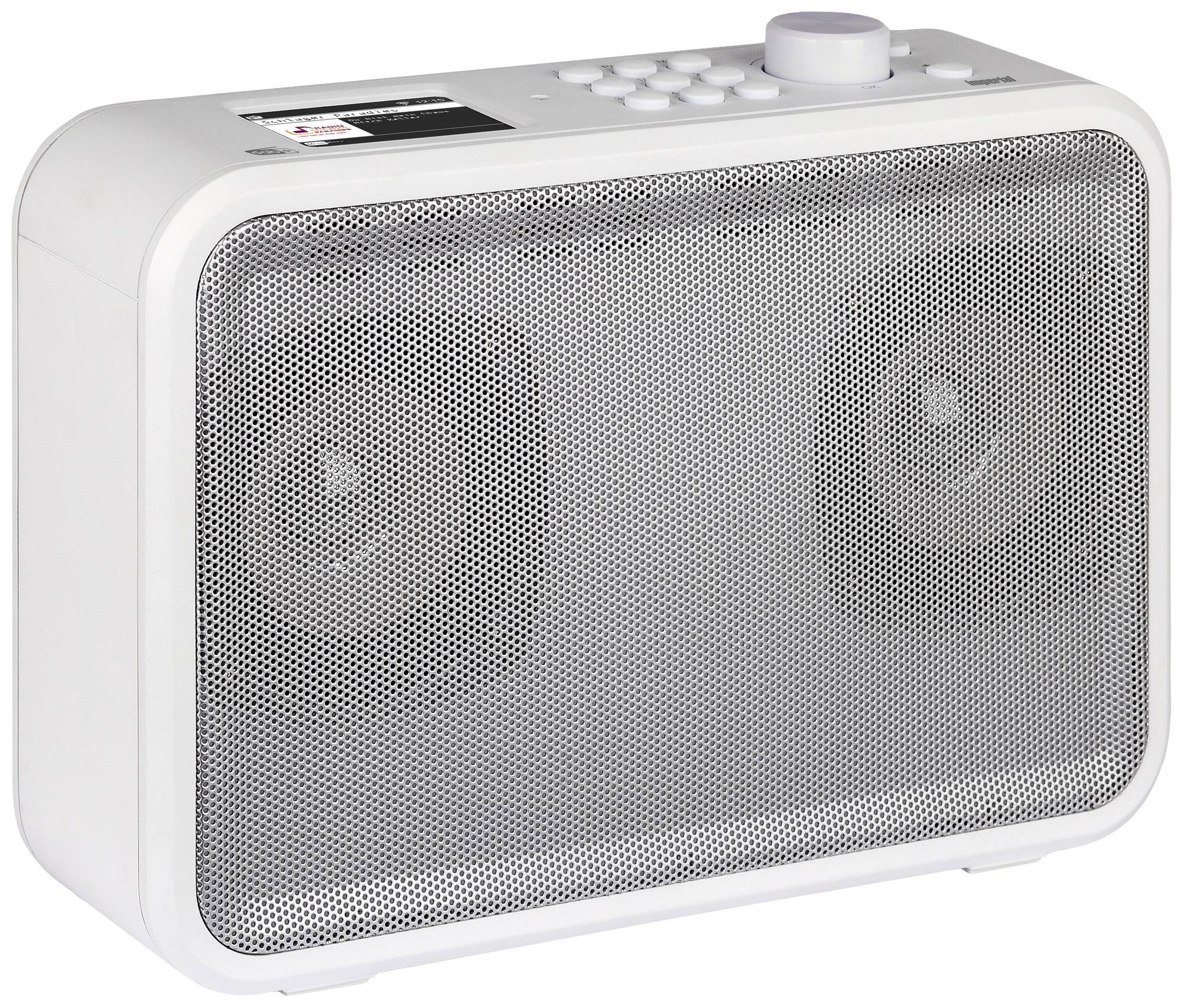 Een witte draagbare luidspreker met bedieningselementen bovenop is geplaatst op een wit oppervlak.