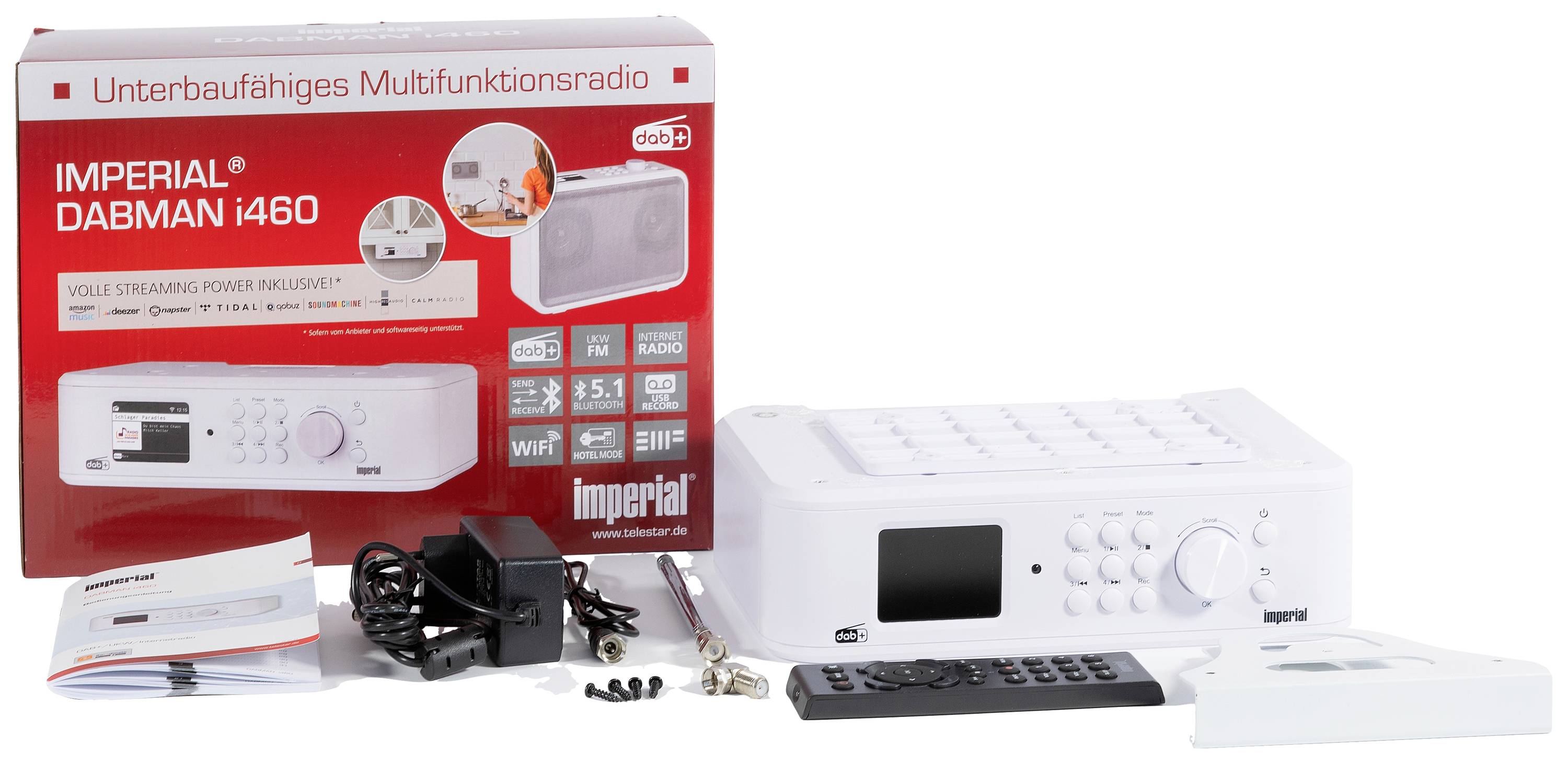 Ondersteunende digitale radio Imperial DABMAN i460 in het wit. Inclusief afstandsbediening, voedingsadapter en handleiding. Verpakking toont radiofuncties.