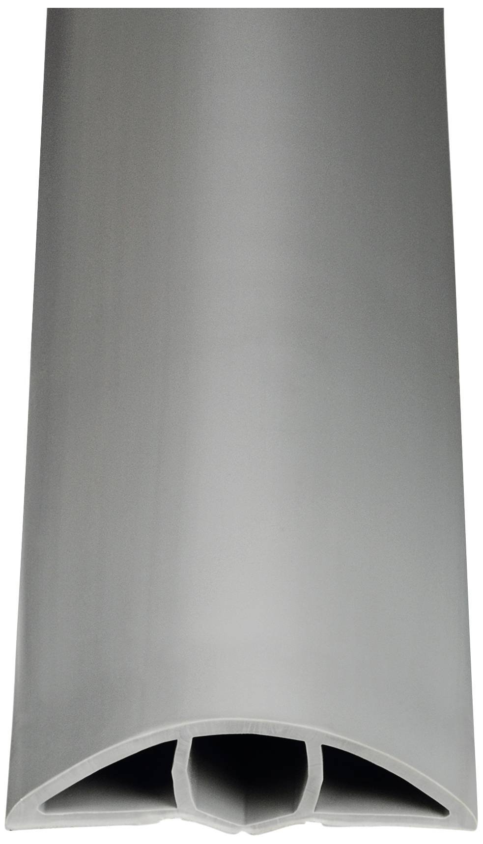 Een grijs rubber afdichtingsprofiel in lengterichting. Het heeft een holle ruimte en is flexibel, geschikt voor deur- of raamafdichting.