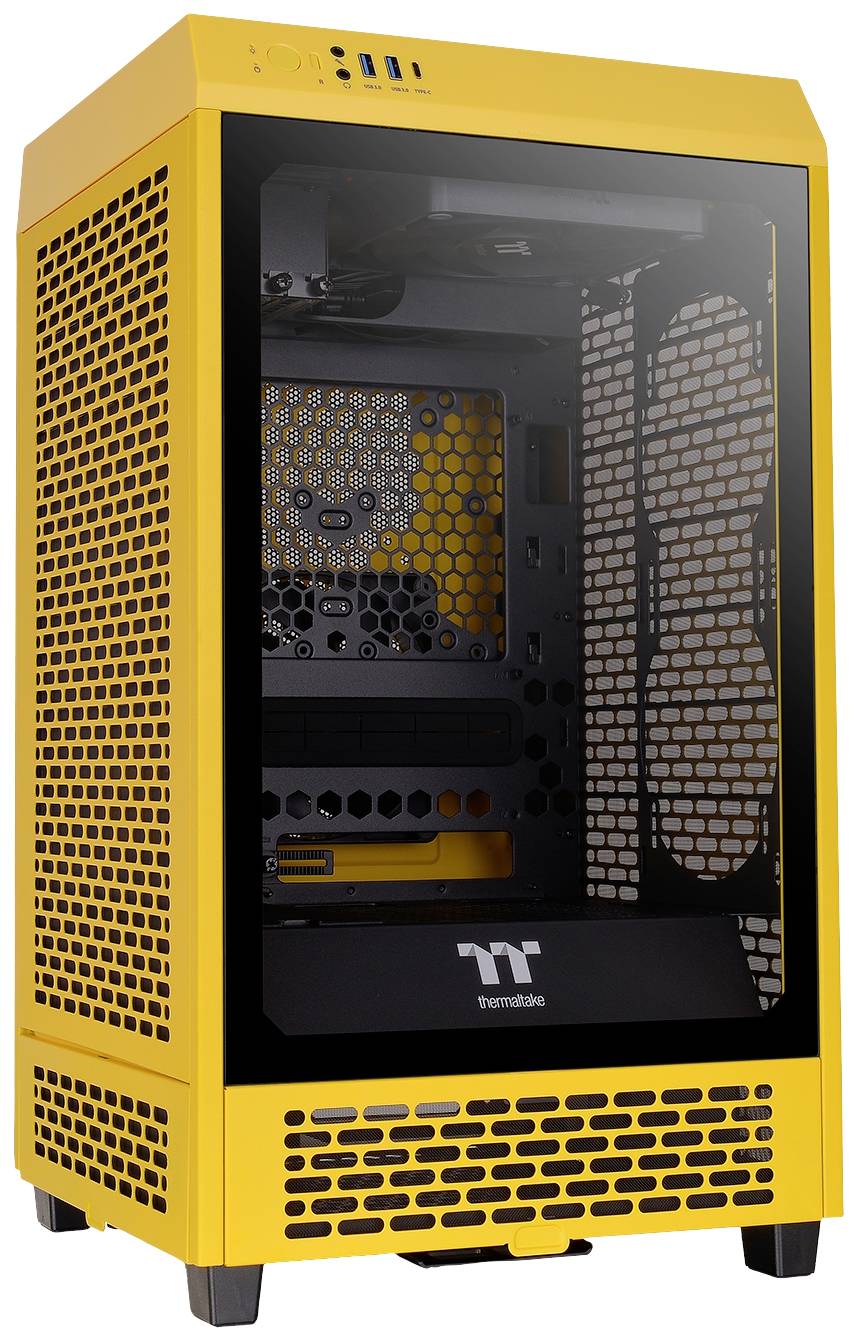 Geel computerbehuizing met zwart voorpaneel. Geventileerde zijwanden en half ronde poten zijn zichtbaar.