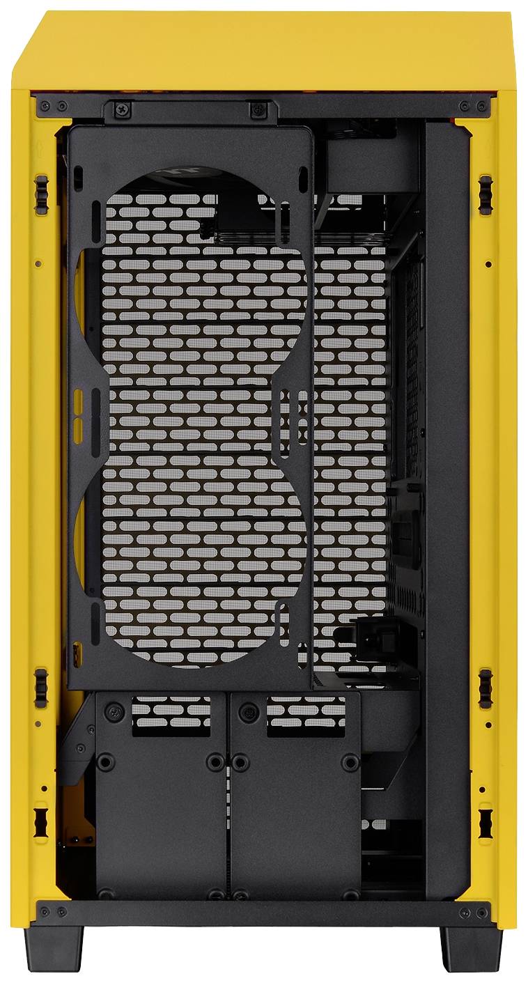 Een leeg, geel computerbehuizing met een open frontpaneel dat ruimte biedt voor ventilatoren en andere hardwarecomponenten.