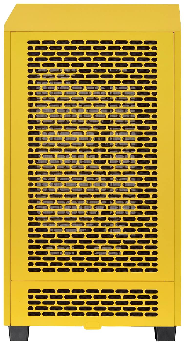Geel apparaat met een rechthoekig behuizing en een rasterpatroon aan de voorkant, waarschijnlijk een luchtreiniger of luchtontvochtiger.