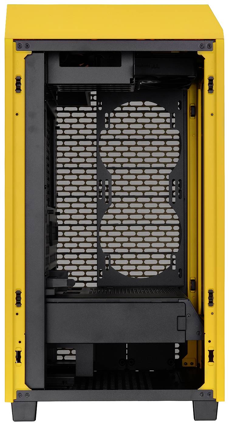 Een leeg, geel computerbehuizing met een open voorpaneel dat de interne ruimte voor hardware en koeling laat zien.
