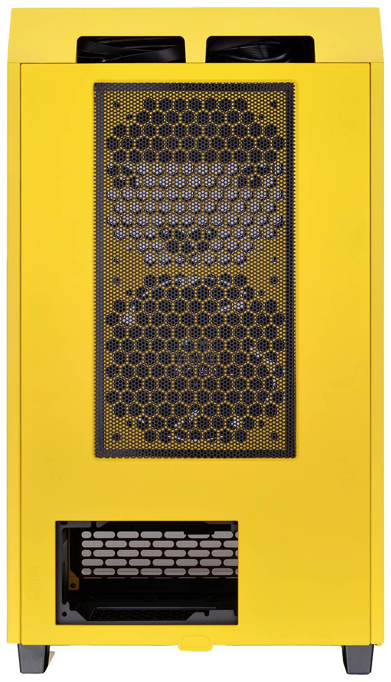 Geel computerbehuizing met zwart rooster aan de voorkant, waarachter twee ventilatoren zichtbaar zijn; moderne en functionele vormgeving.