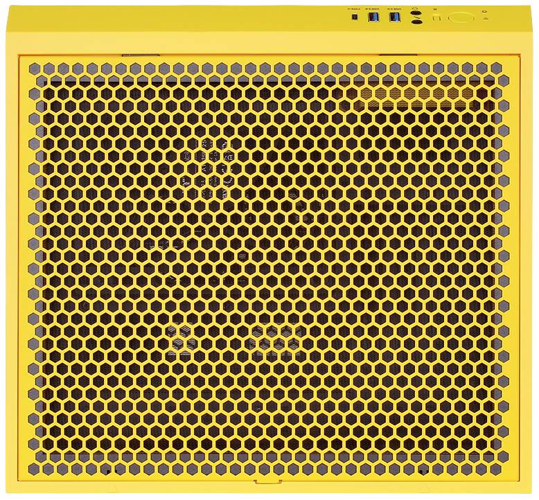 Een gele computerbehuizingskap met zeshoekig ventilatieraster en zij-aansluitpoorten.
