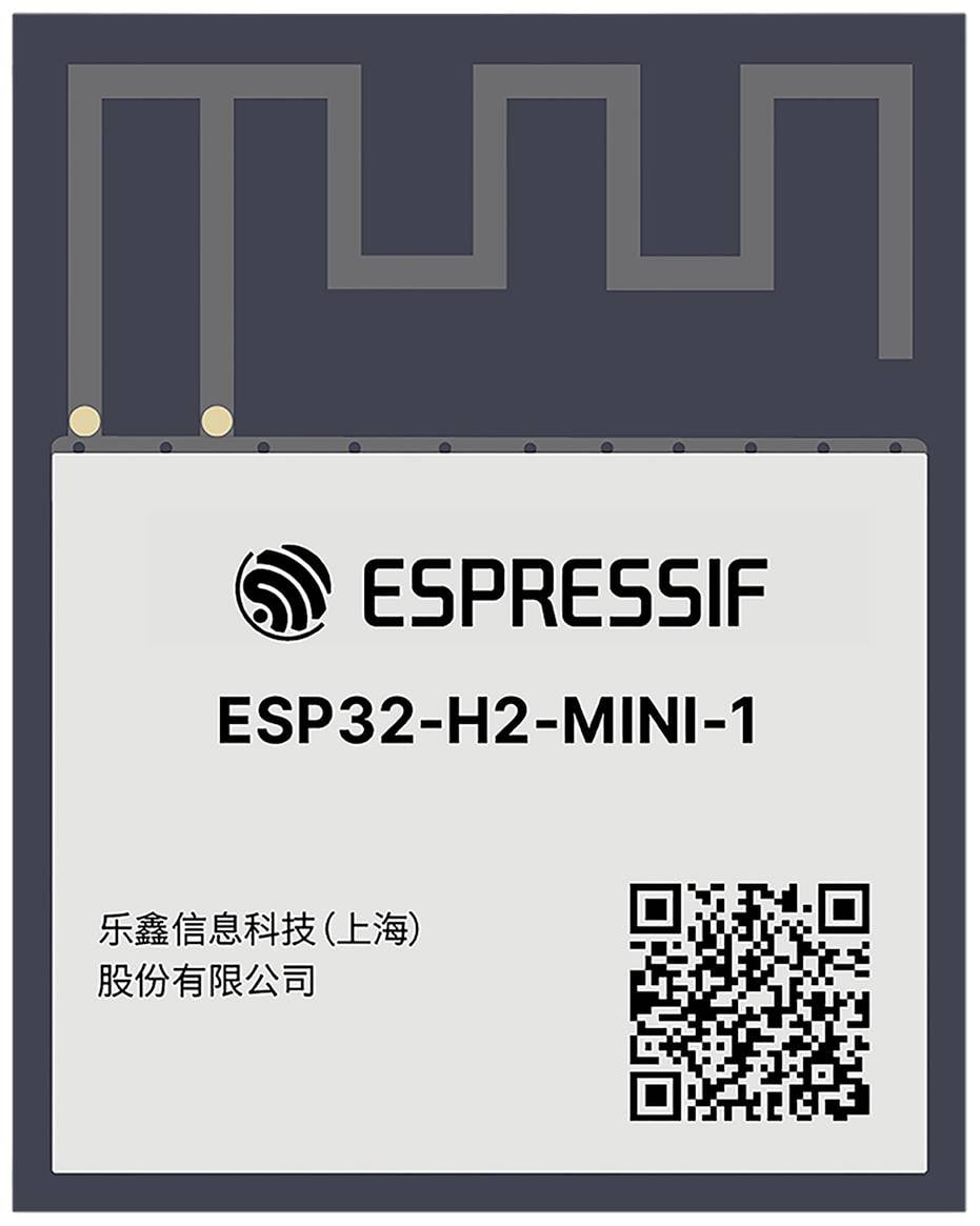 'ESP32-H2-MINI-1' module van Espressif; vierkant ontwerp met antenne bovenaan. Bevat QR-code en bedrijfsnaam op de voorkant.
