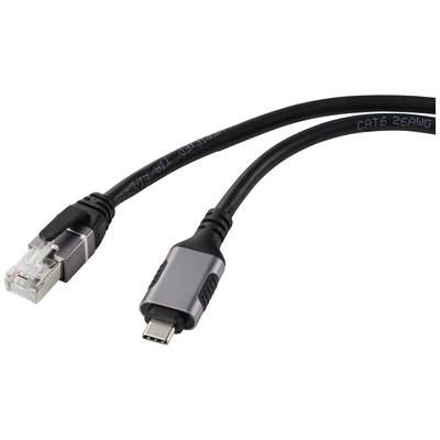 USB-C naar RJ-45-kabel, zwart met metalen connectoren, geschikt voor netwerkverbindingen.