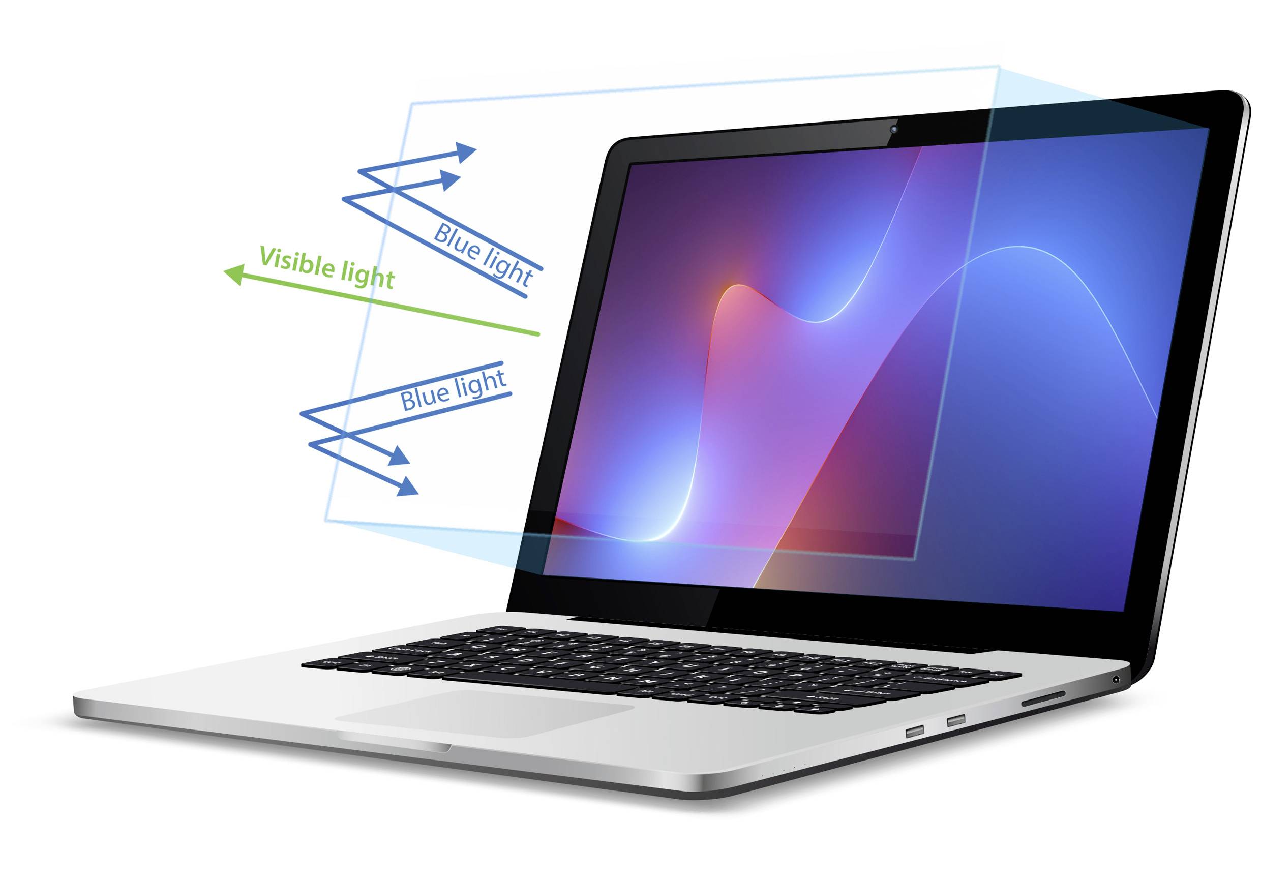 Laptop met blauw lichtfilter, dat zichtbaar licht reduceert. Scherm toont kleurrijke golfpatronen.