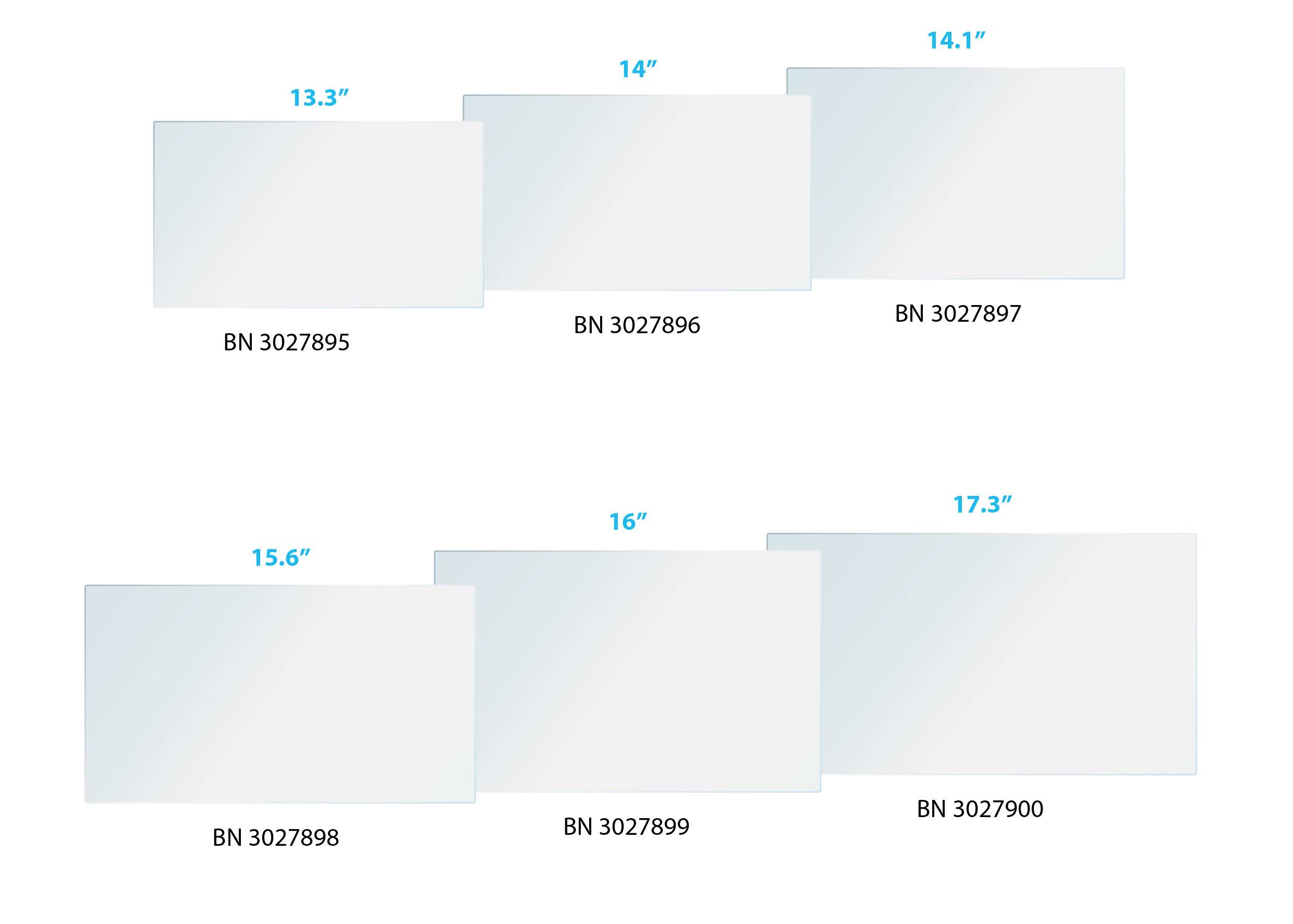 'Zes laptops met verschillende schermformaten: 13,3", 14", 14,1", 15,6", 16", 17,3". Modelnummers zijn telkens vermeld.'