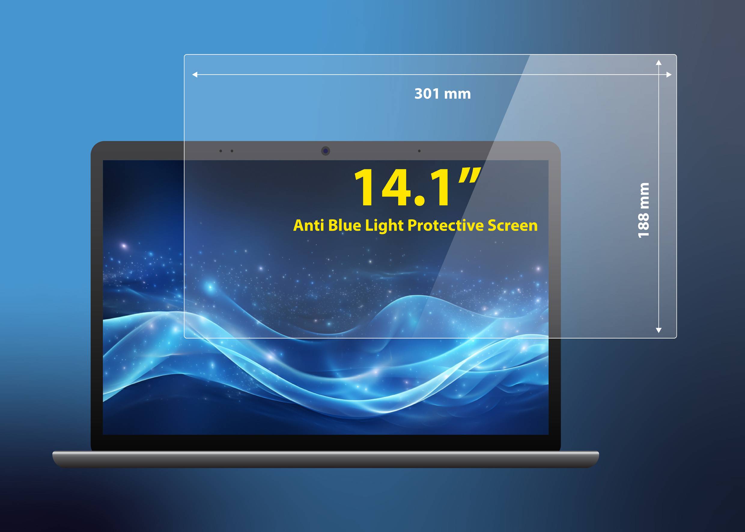 Laptop met een 14,1-inch scherm en een blauw beschermingsmotief. Afmetingen van de filter: 301 mm breed, 188 mm hoog.
