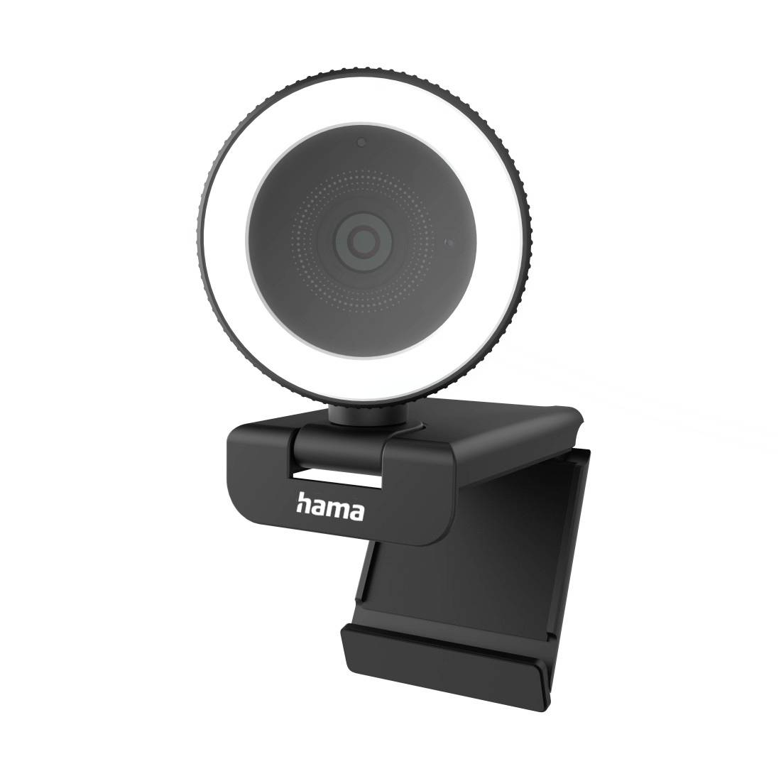 Webcam met geïntegreerd ringlight, gemonteerd op een standaard, merknaam 'hama' zichtbaar. Ideaal voor videogesprekken of streaming.