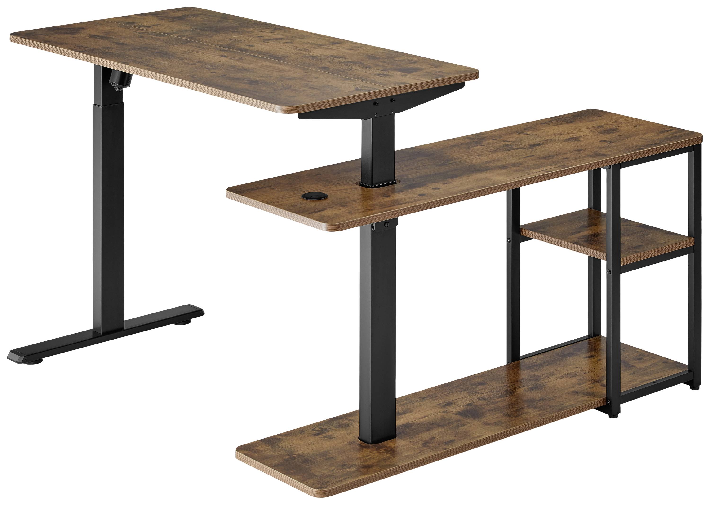 Twee in hoogte verstelbare bureaus in houtlook met een zwart frame. Eén bureau heeft een rek met twee planken aan de rechterkant.