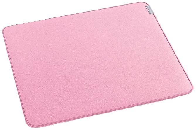 Een roze vilt placemat ligt plat op een oppervlak. Het heeft een rechthoekige vorm met afgeronde hoeken.