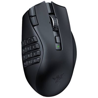 Zwarte gaming-muis met twaalf zijtoetsen en scrollwiel, ergonomisch vormgegeven voor precisiebesturing. Ideaal voor MMO-spellen.