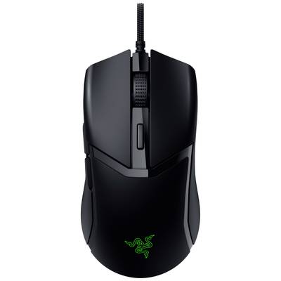 Zwarte, bedrade computermuis met groen logo op de voorkant en ergonomisch ontwerp.