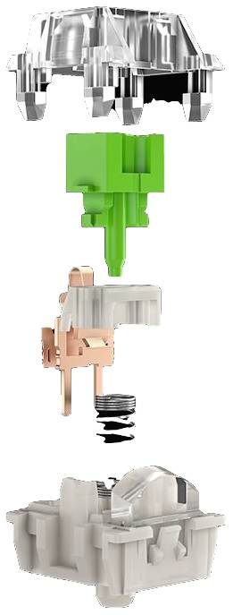 Ontploffingstekening van een mechanische schakelaar, bestaande uit behuizing, veer, contactpen en bediening in verschillende kleuren.