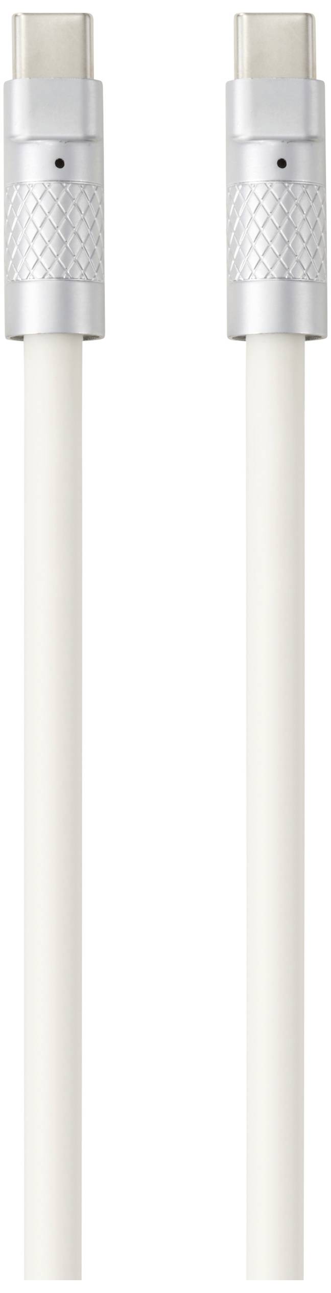 Twee USB-C-kabels met zilveren stekker en wit snoer liggen naast elkaar gerangschikt.