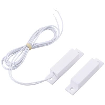 Twee witte magnetische deurcontacten met een lang kabel. Ze worden gebruikt voor bewaking en veiligheidscontrole van deuren of ramen.