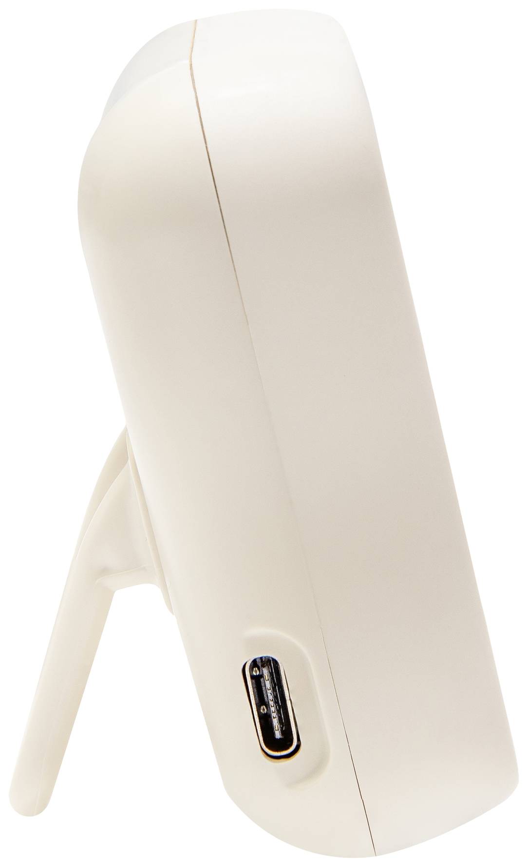 Zijaanzicht van een wit, draagbaar apparaat met USB-C-aansluiting en uitklapbare standaard.