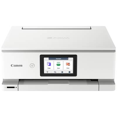 Een witte multifunctionele printer van Canon met een touchscreen-display. Functies: Kopiëren, Scannen, Printen. Model: Pixma-serie.