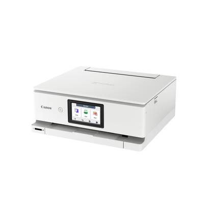 Een witte Canon-printer met een touchscreen-display dat afdrukinstellingen toont. De printer staat op een wit oppervlak.