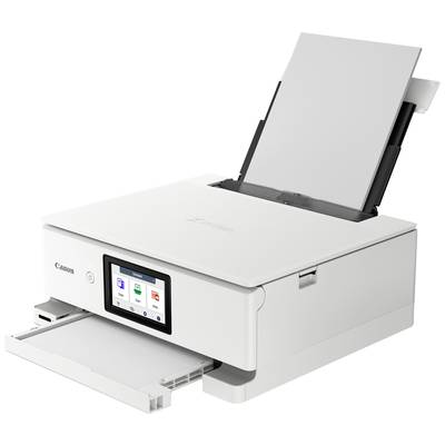 Witte Canon-printer met papierlade, uitgevouwen uitvoerlade en touchscreen-bedieningspaneel; geschikt voor gebruik thuis of op kantoor.