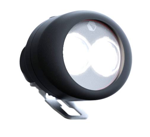 Ronde LED-koplamp met zwarte behuizing, monteerbaar aan stuur of helm, voor beter zicht tijdens nachtelijke ritten.